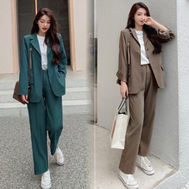 セットアップ ツーピース レディース ジャケット パンツ おしゃれ こなれ感 シンプル ベーシック グリーン/ブラウン/ピンク S/M/L/XL