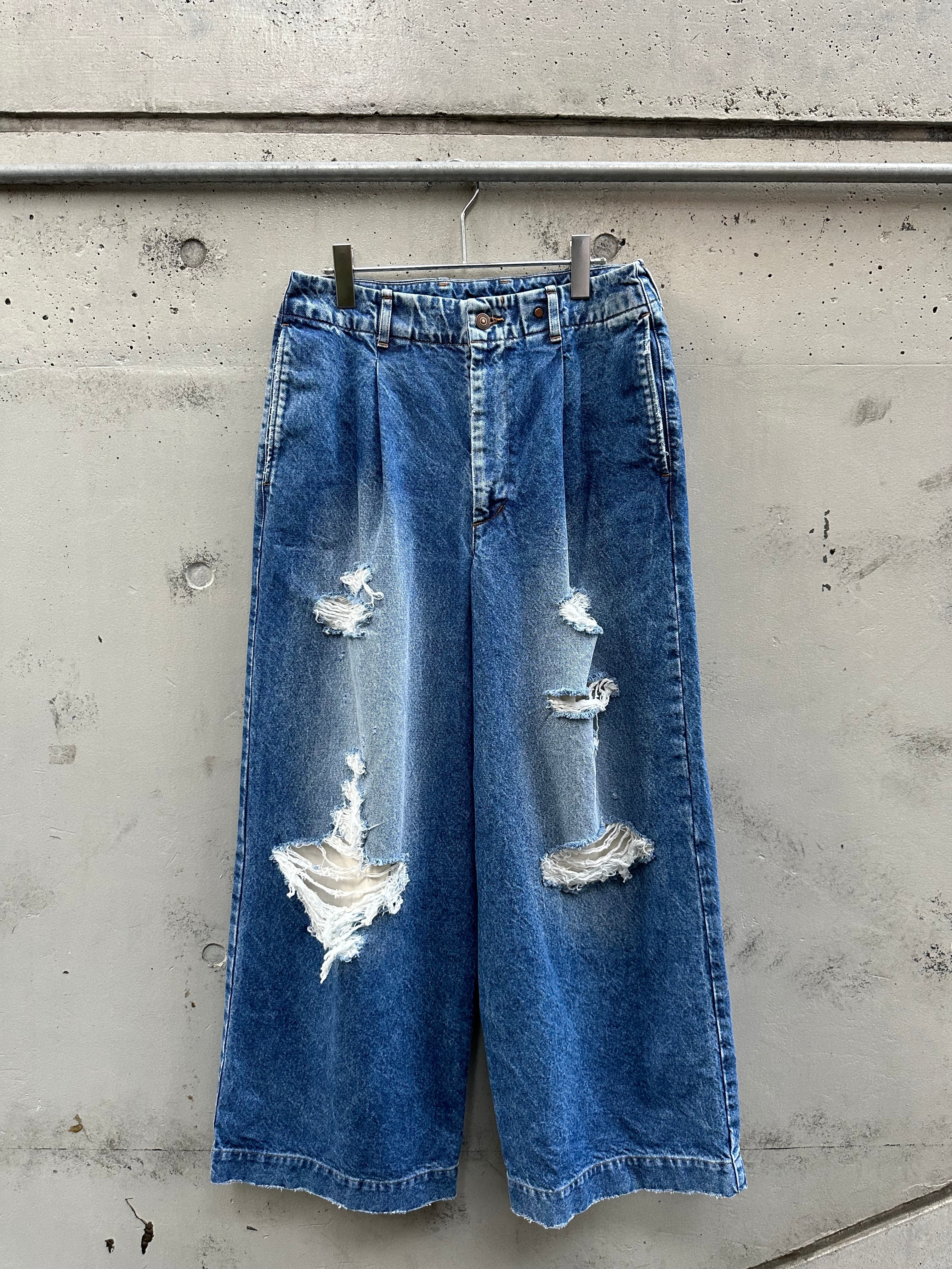 my beautiful landlet』 RIPPED DENIM TUCK WIDE PANTS / BLUE my beautiful landlet』 RIPPED DENIM TUCK WIDE PANTS / BLUE