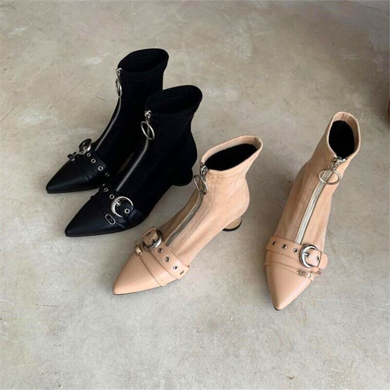 【新作】【送料無料】 先のとがったメタルバックルデコレーションレディースハイヒールブーツブラックアプリコットショートブーツストレッチブーツウィンターレディースフロントジッパーブーツ 靴 シューズ 冬物 10b35592379133