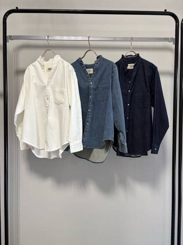【1月中旬頃入荷次第お届けのご予約】 MARGAUX VINTAGE/マルゴーヴィンテージ ライトオンスデニムフリルシャツ MG BL - 27014 - S