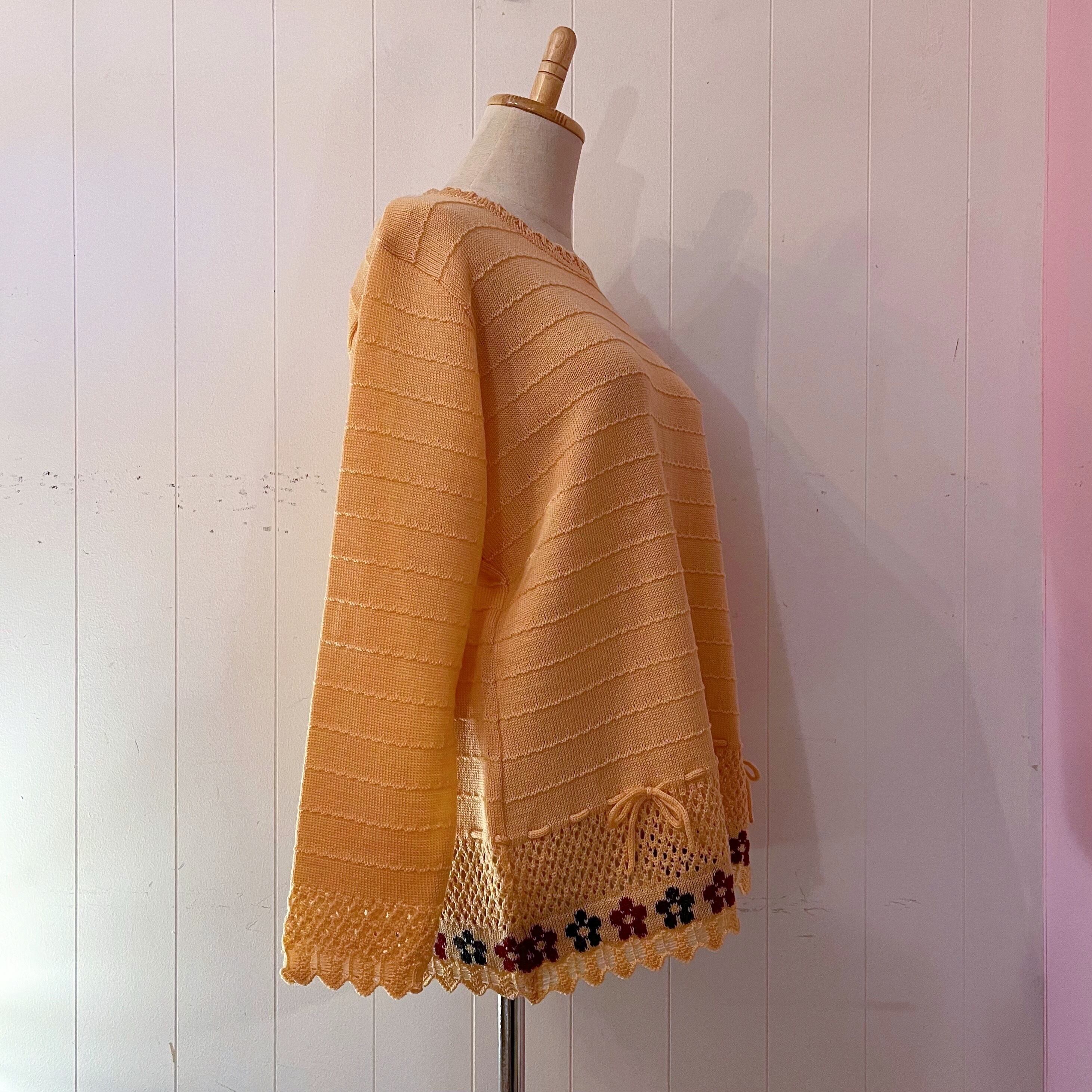 orange flower ribbon openwork knit sweater