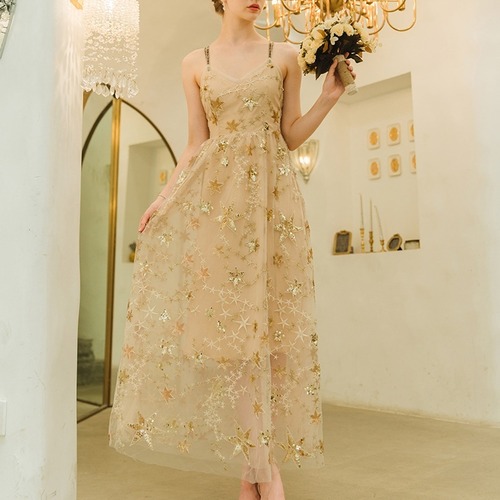 ドレス ワンピース マキシ丈 ノースリーブ ビスチェ スパンコール 星 刺繍 ゴールド 背中あき ロマンチック ガーリー レディース　BADA0059