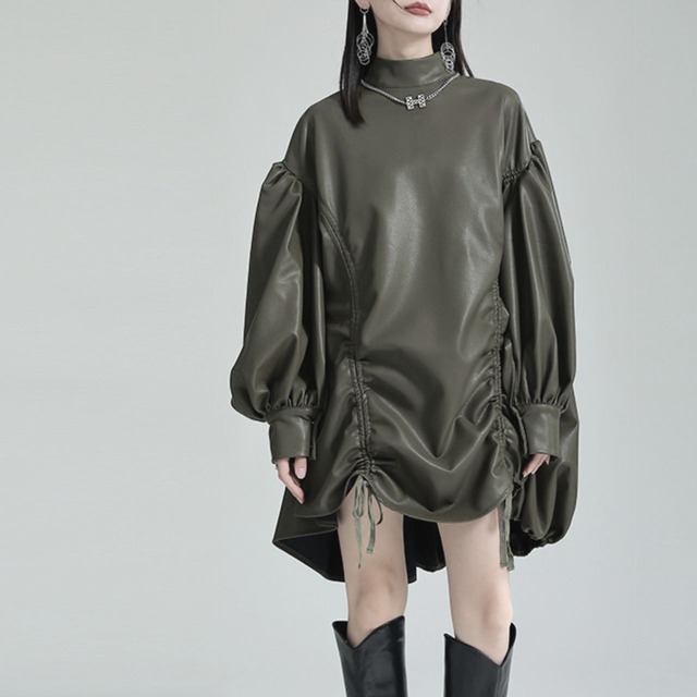 Drawstring PU leather dress【2color】 C0914