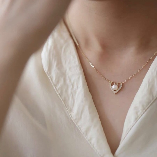 heart pearl zirconia necklace 18kgp [n12]