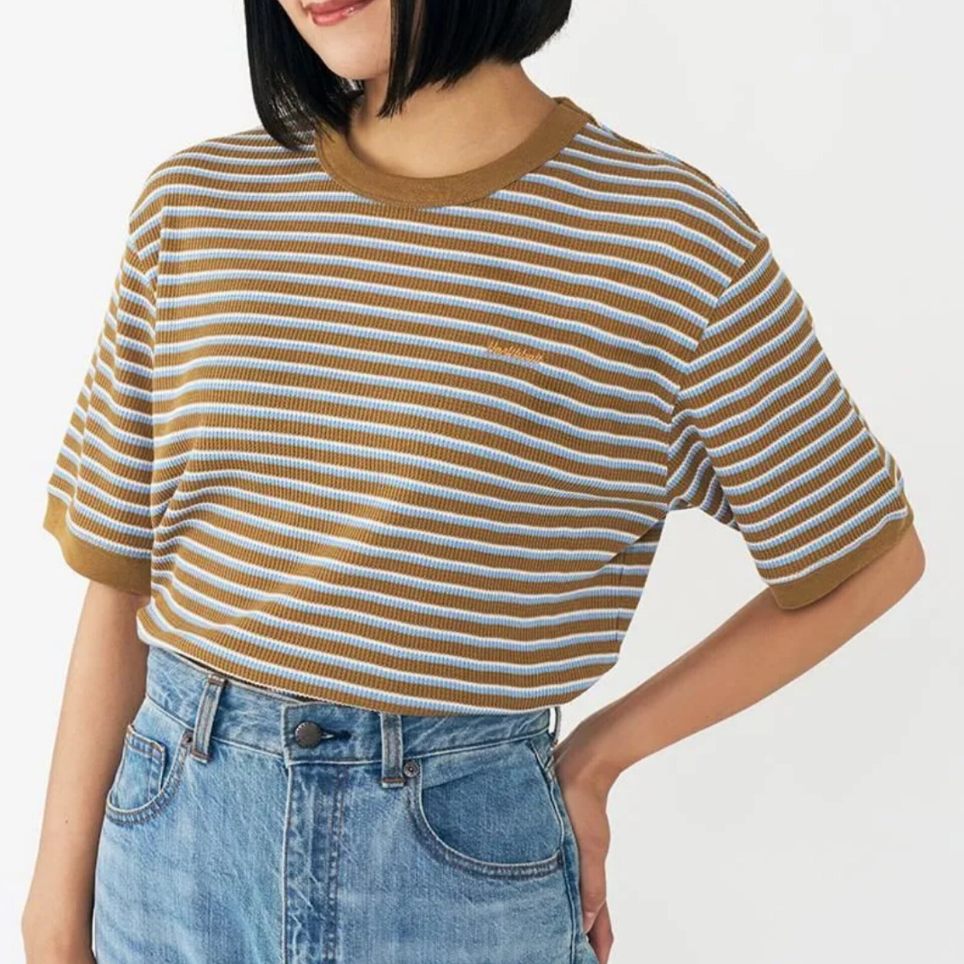 【Healthknit】マルチボーダー ワッフル クルーネック半袖 / Ladies / 2COLORS