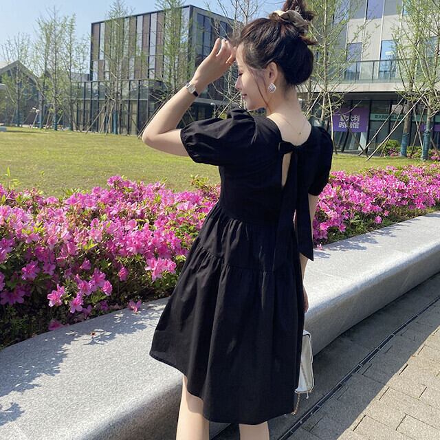 ワンピース レディース ミニワンピ 膝上丈 パフスリーブ スクエアネック カジュアル リラックス フレア おしゃれ 旅行 こなれ感 春夏 ビーチ プール 可愛い ブラック サイズ展開豊富 S/M/L/XL/2XL