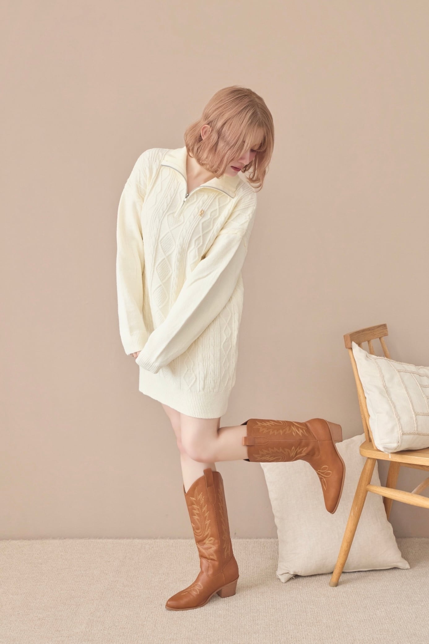 DR half zip cable knit onepiece | Désir et Raison