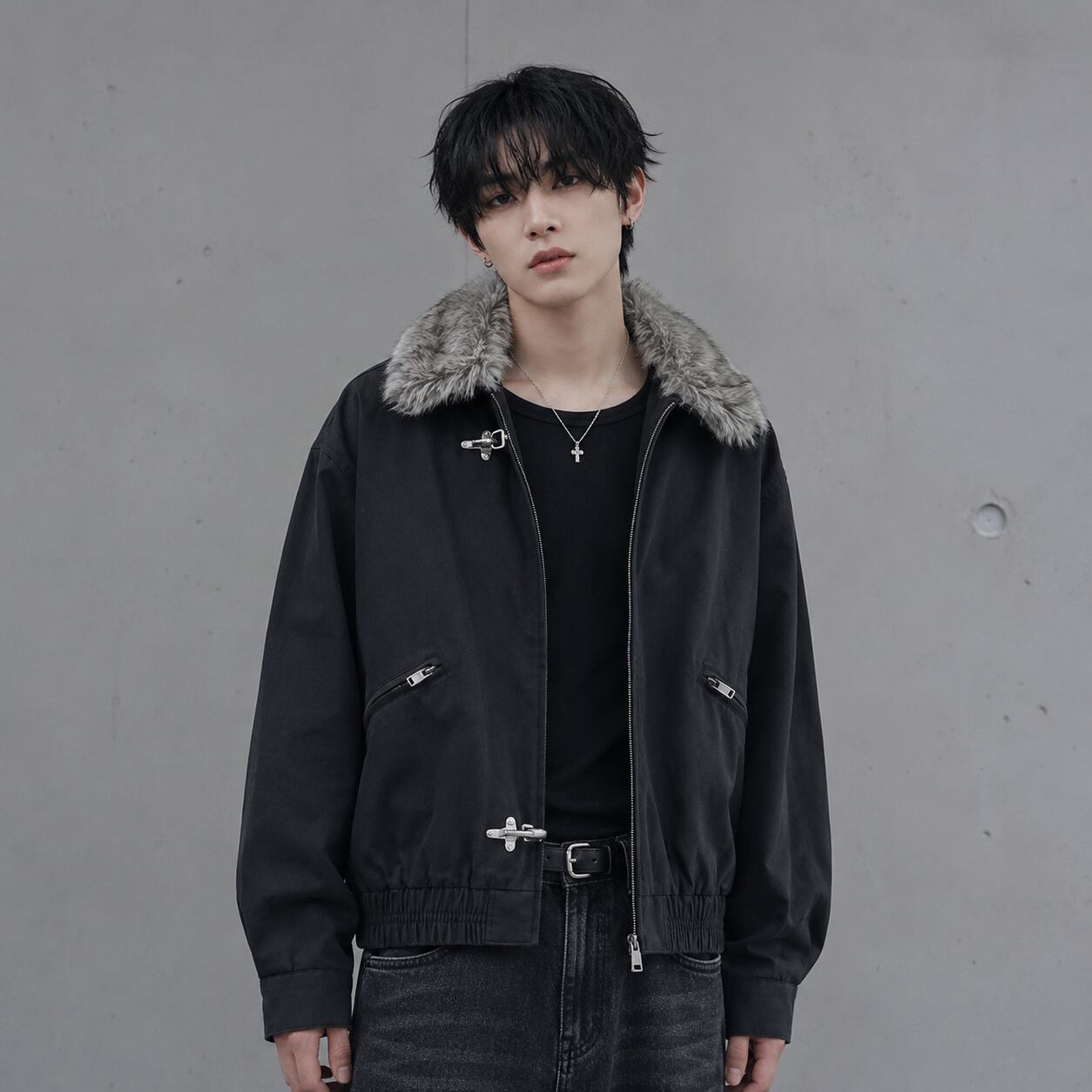 Toggle button fur collar jacket 0002