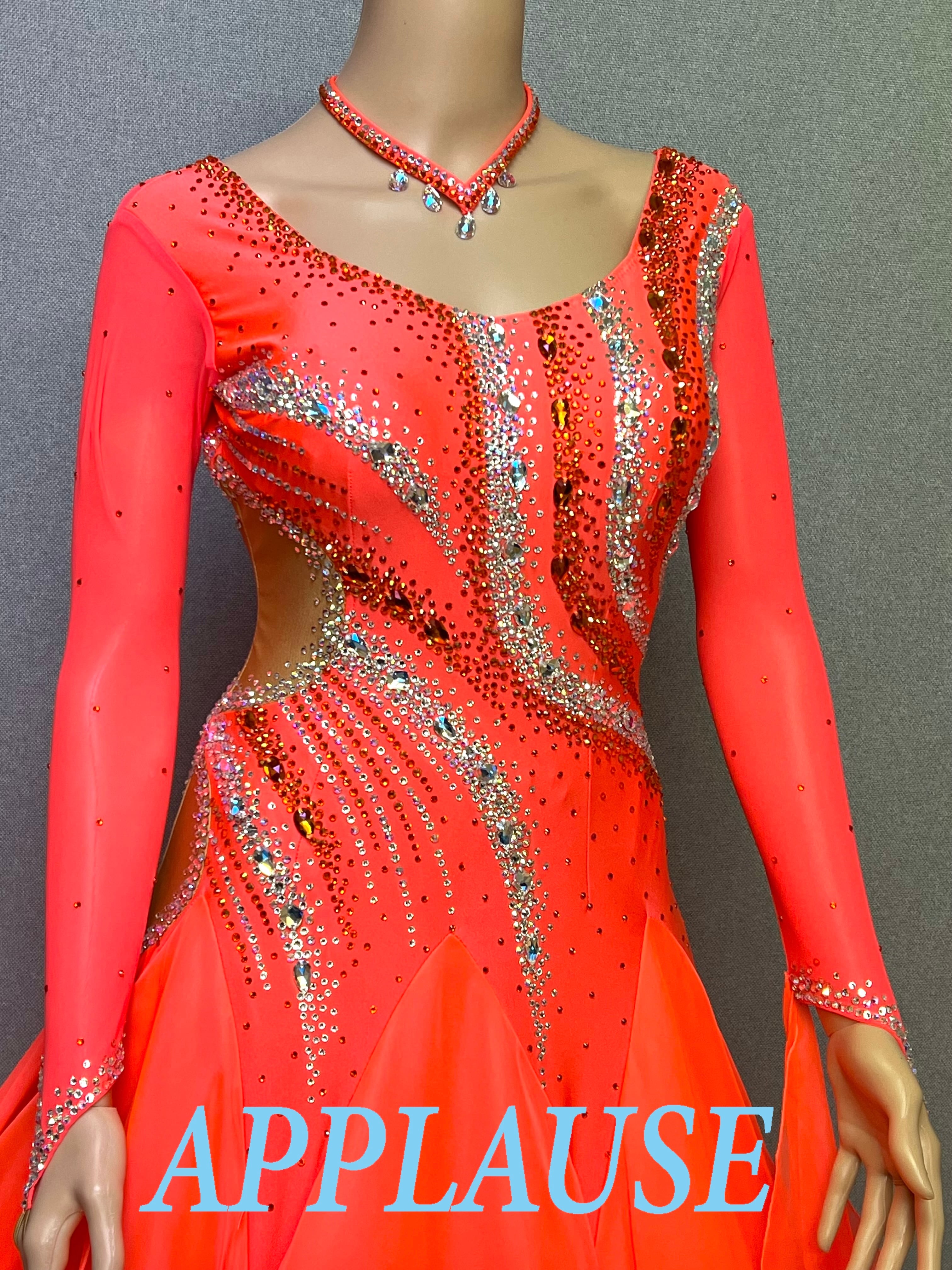 【新着】社交ダンス ドレス　モダン　スタンダード ドレス　ST-26-２　タンジェリンオレンジ　M〜L　デモ・競技用ドレス　発表会　衣装　パーティドレス　ワンピース　舞台衣装