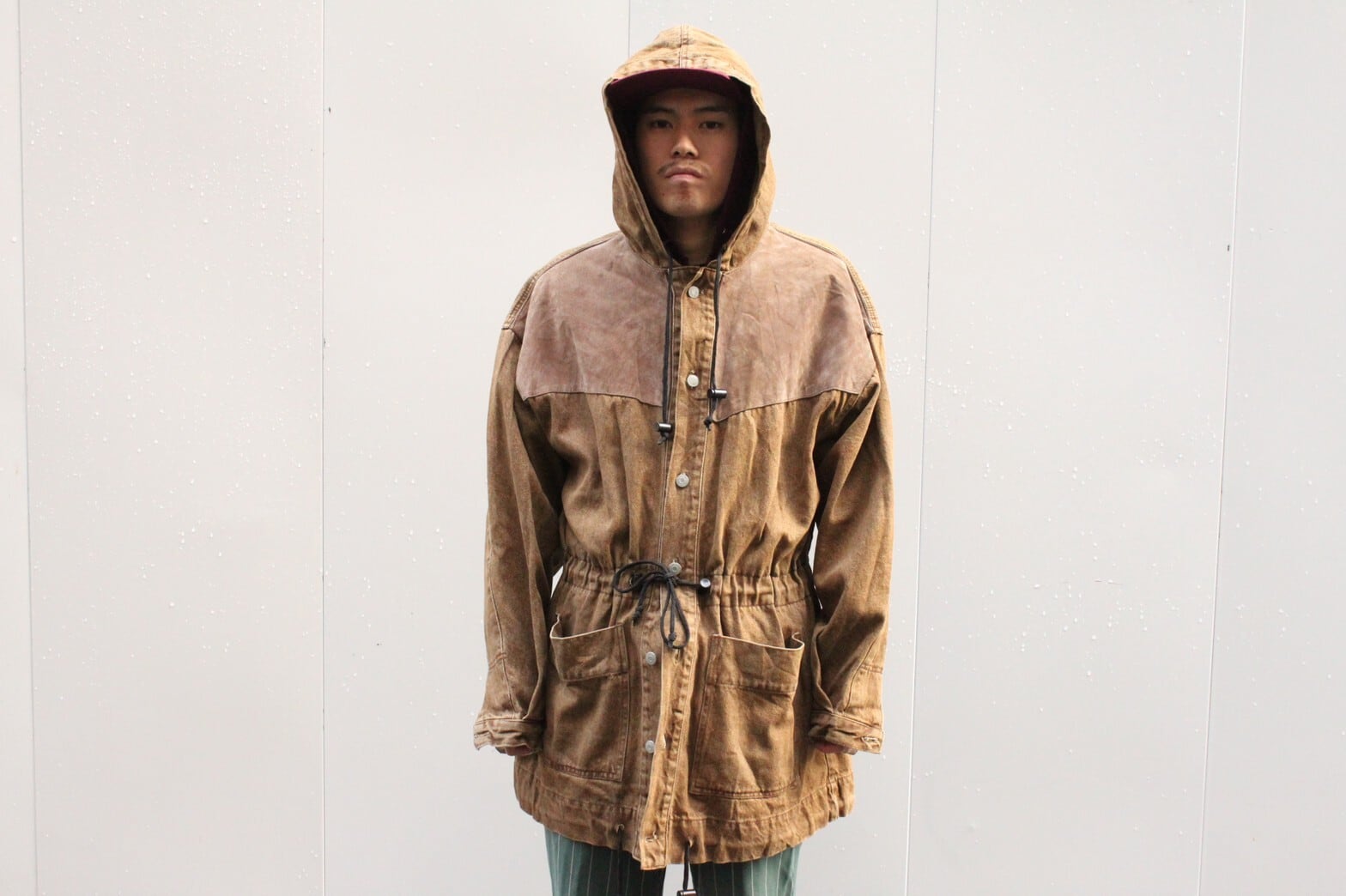 80s CORNICHE Leather Patch Denim Half Coat