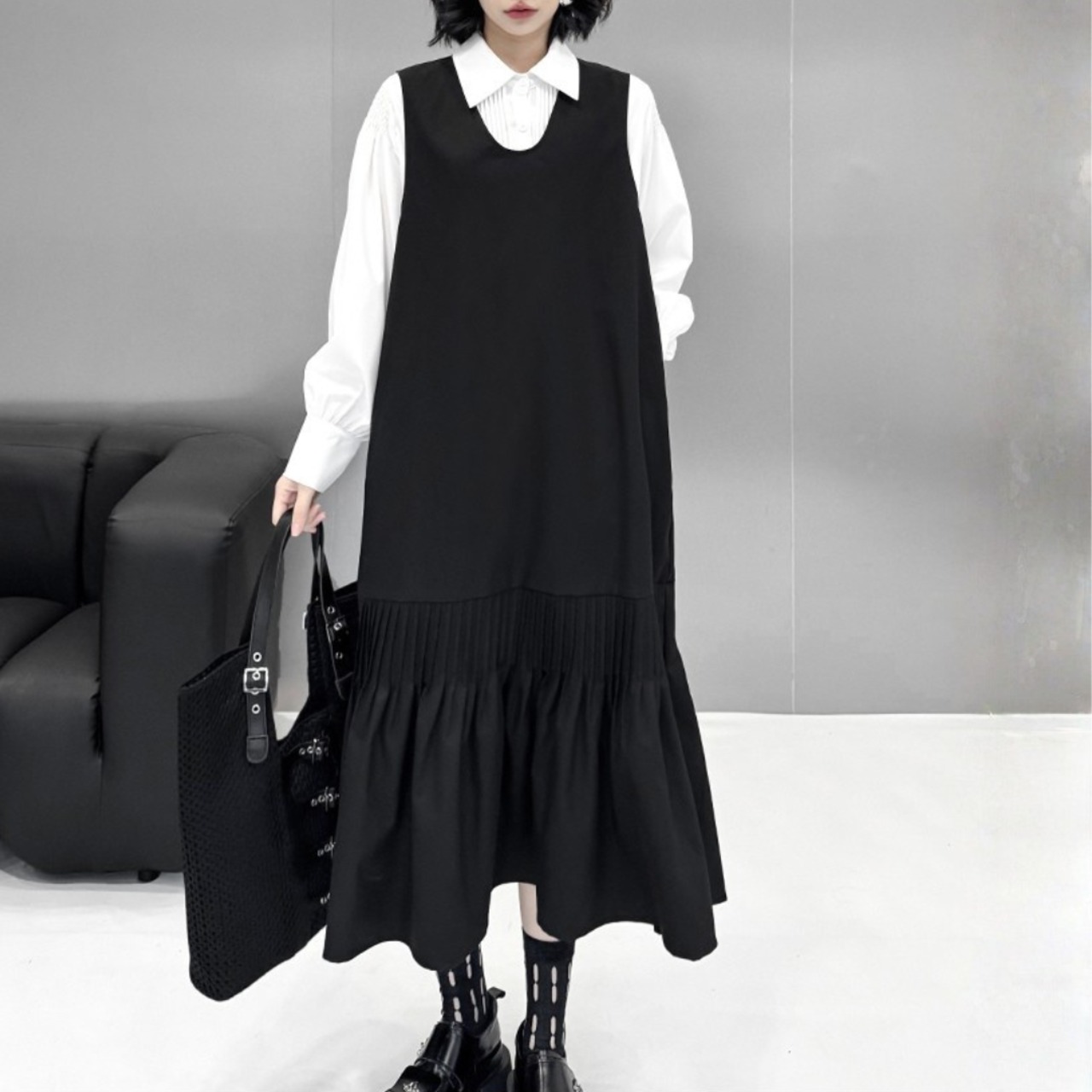 Pleated long vest dress(ME021)