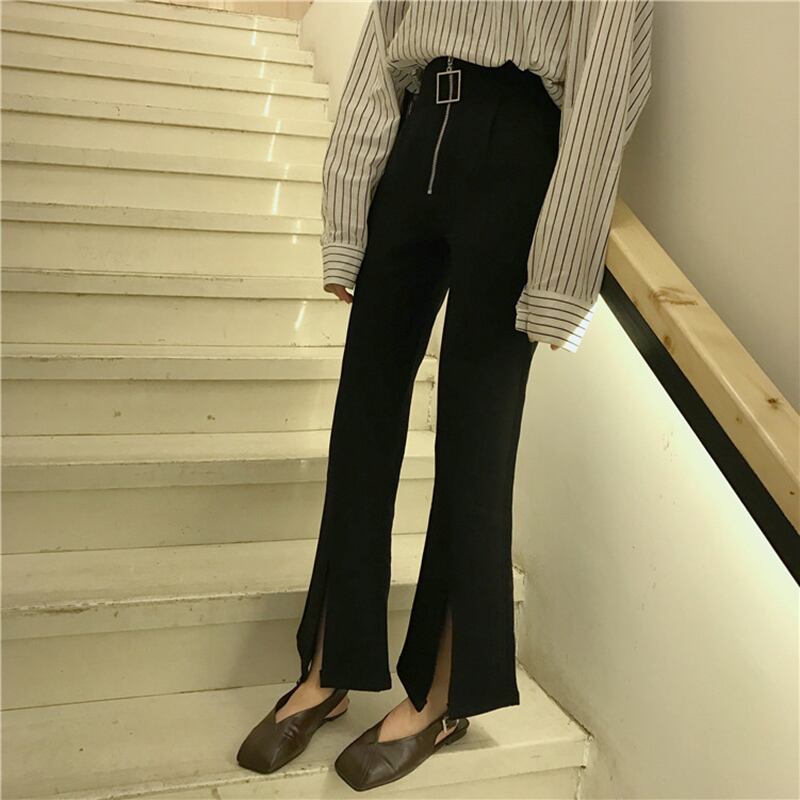 オールマッチスクエアバックルジッパースプリットブラックマイクロフレアパンツレディース2020新気質香港スタイル9点パンツ YY-ファッション3278362977