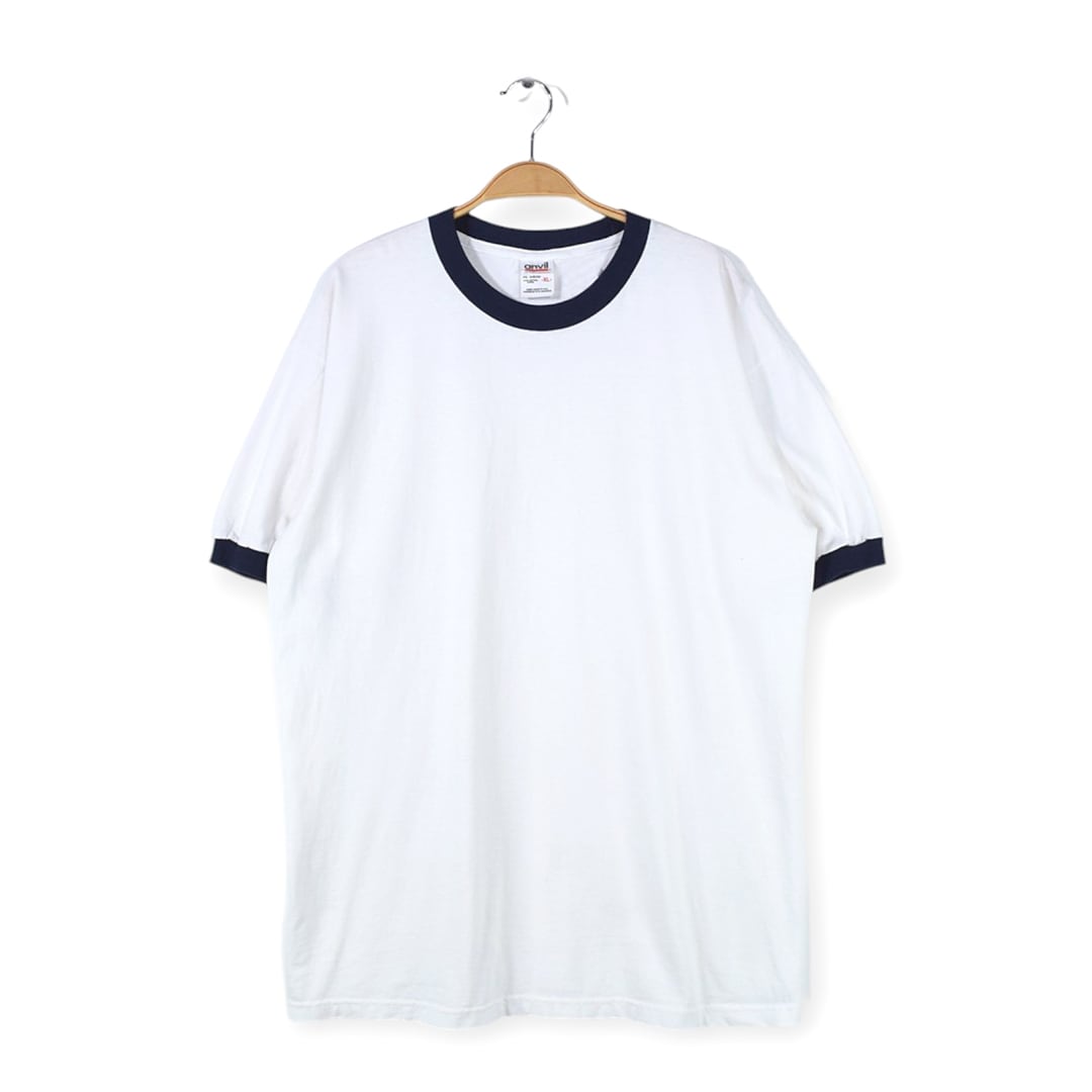 90s アンヴィル USA製 ヴィンテージTシャツ 無地 リンガーTシャツ トリムT ソリッド 白紺 ANVIL メンズXL 古着 @BZ0404