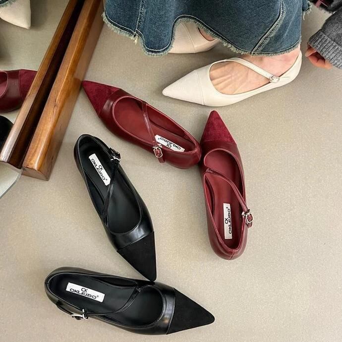 女性用先のとがったつま先のバレダンスシューズ、フラット、ローファー、ブラック、レッド、ホワイト、ベルトバックル、ドレスシューズ、レディース、秋、春、新着、2024_41