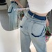 パンツ デニム ジーンズ ワイド ストレート ハイウエスト 脚長効果 美脚効果 細見え 春 水色 ライトブルー カジュアル 韓国ファッション レディース お出かけ