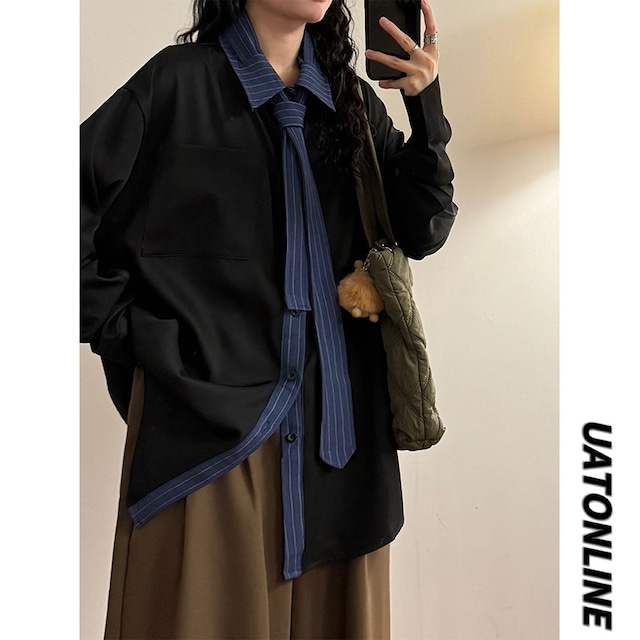 ♥ネクタイ付きシャツ！【UATONLINEシリーズ】★シャツ★ ユニセックス 2color トップス メンズ カジュアル 縦縞 縞模様