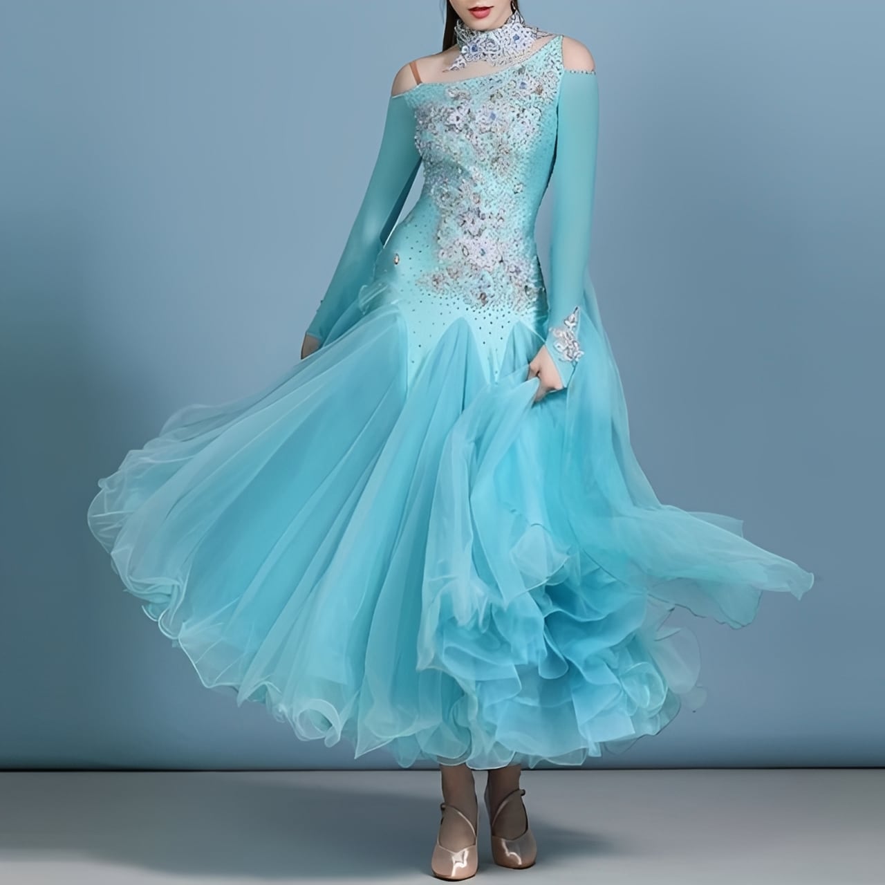 クリスタル オフショルダー ロングスリーブ モダンドレス 1col D00504