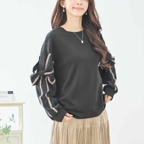 TRUBE  カットソー プルオーバー リボンスリーブデザイン N13-340 ブラック M L fmsd  ナチュラル ゆったり 体型カバー ミセス きれいめ  レディース 上品 大人可愛い