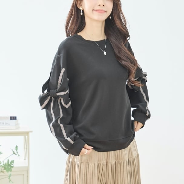 TRUBE カットソー プルオーバー リボンスリーブデザイン N13-340 ブラック M L fmsd ナチュラル ゆったり 体型カバー ミセス きれいめ レディース 上品 大人可愛い