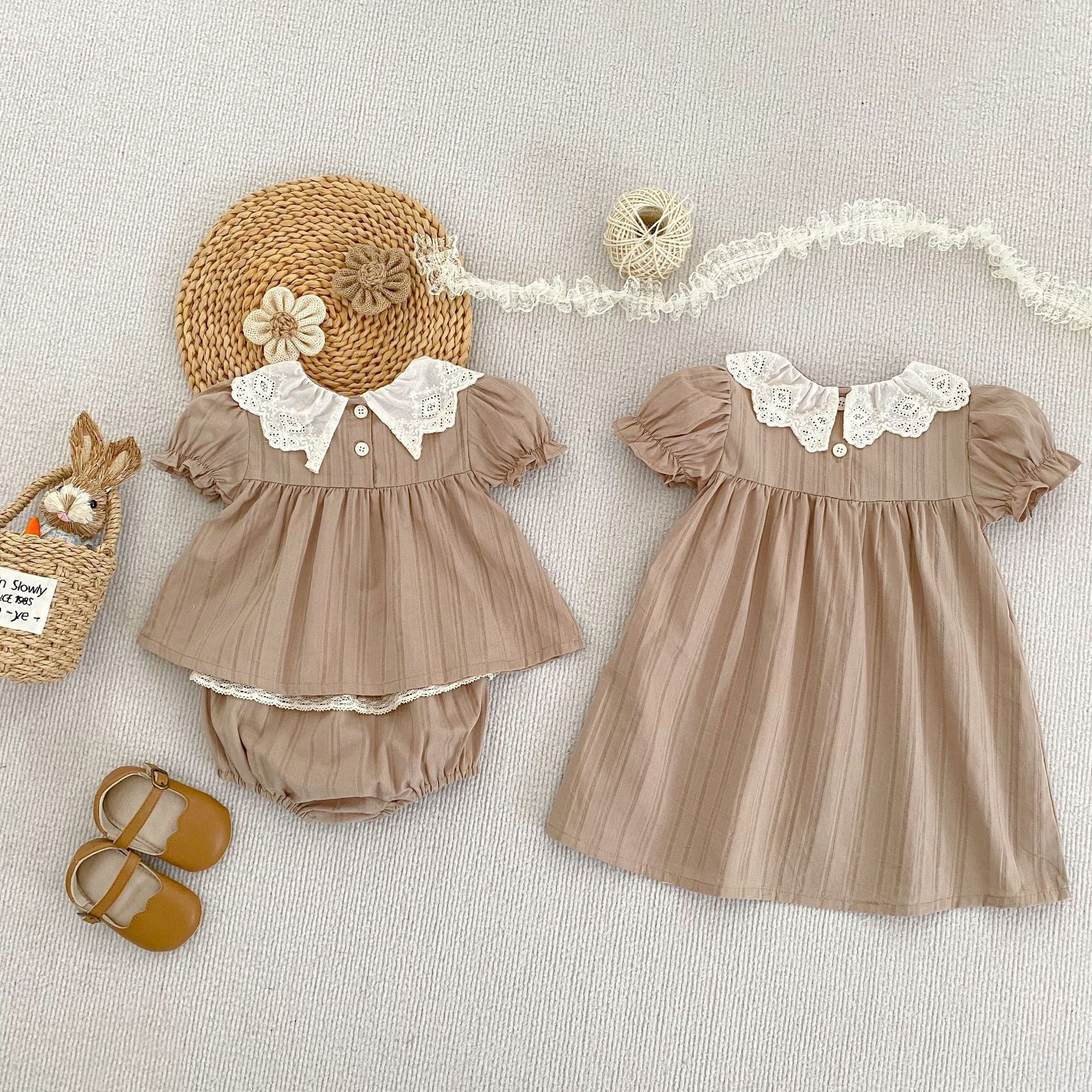 ハンドメイド　ふっくら袖ワンピース　120㎝つけ襟セット ec6c4cbad1f7556b48453f52fa40f9