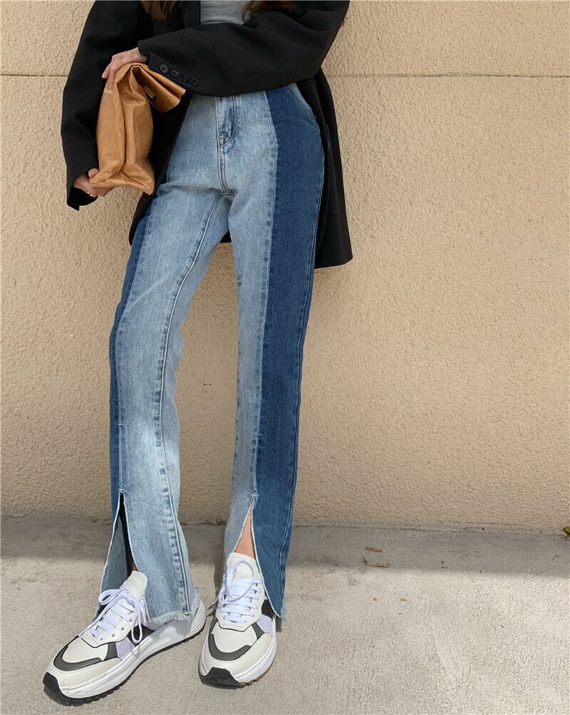 ジーンズ オータムウィンタースリットハイウェストウェストルーズ薄手ワイドレッグパンツ 秋物 冬物 ワイドパンツ ステッチ ブラックストロベリース32163244159