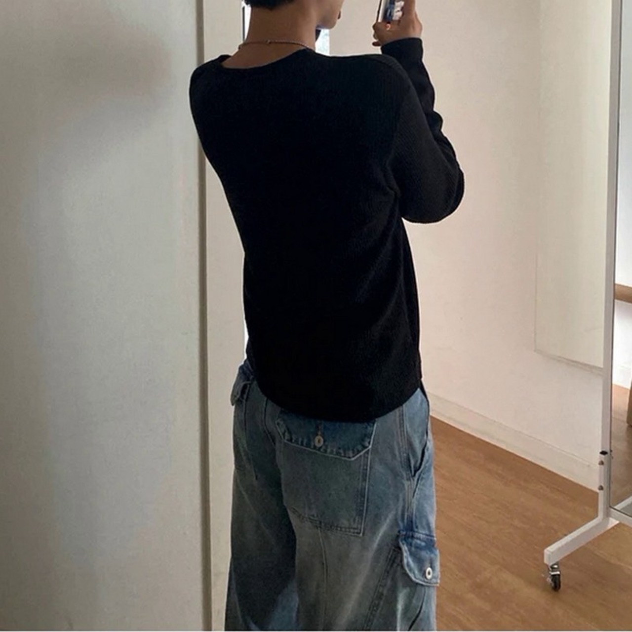 クルーネックワッフル長袖Tシャツ　1228