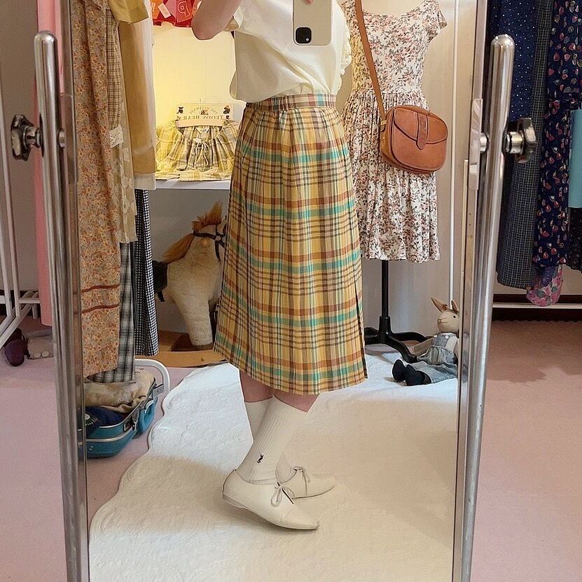 yellow green check semi skirt