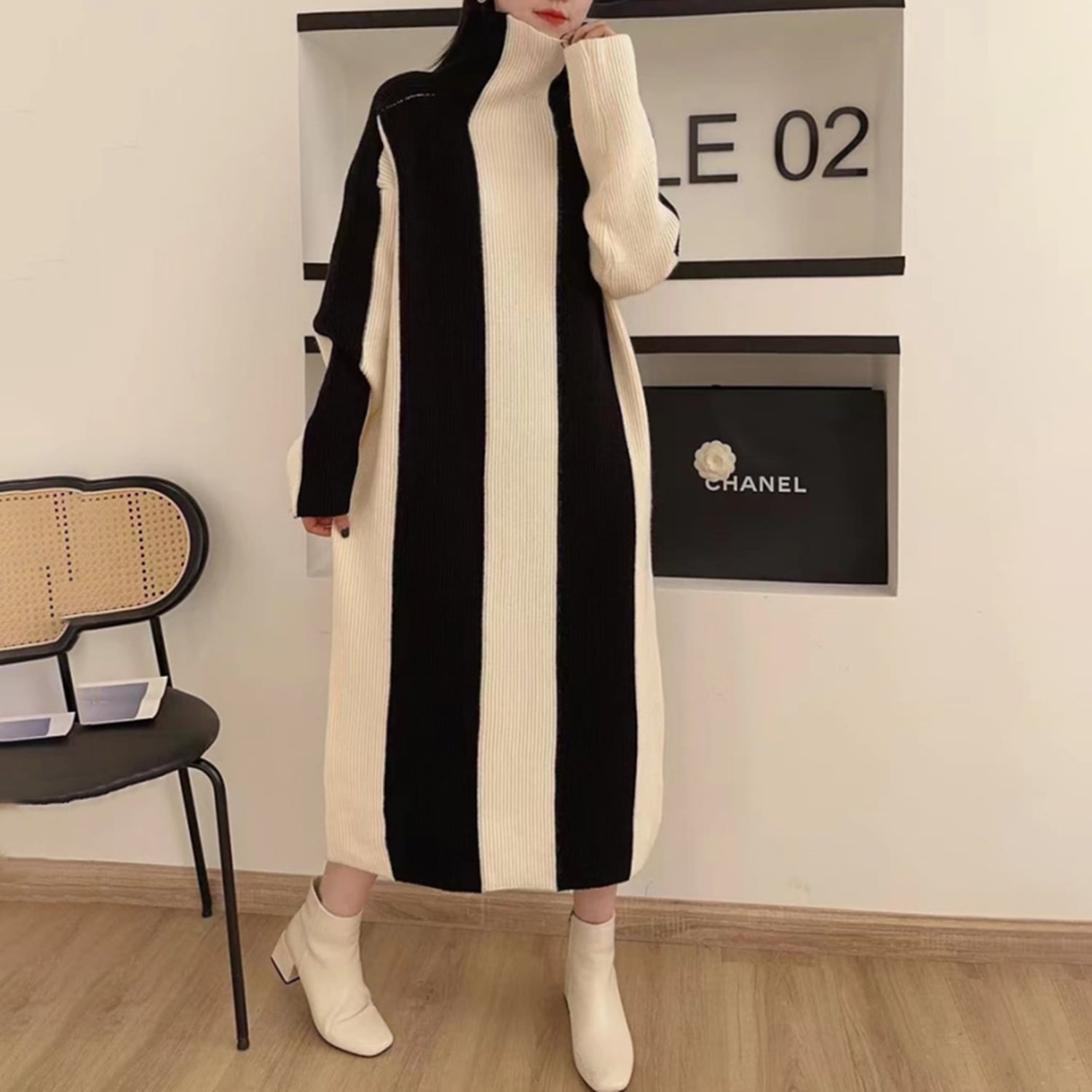 【dress】ハイネック切り替えニットワンピース N2278