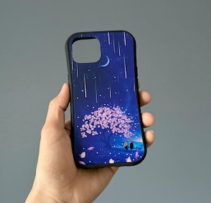 夜桜と流星群の景色 iPhoneグリップケース