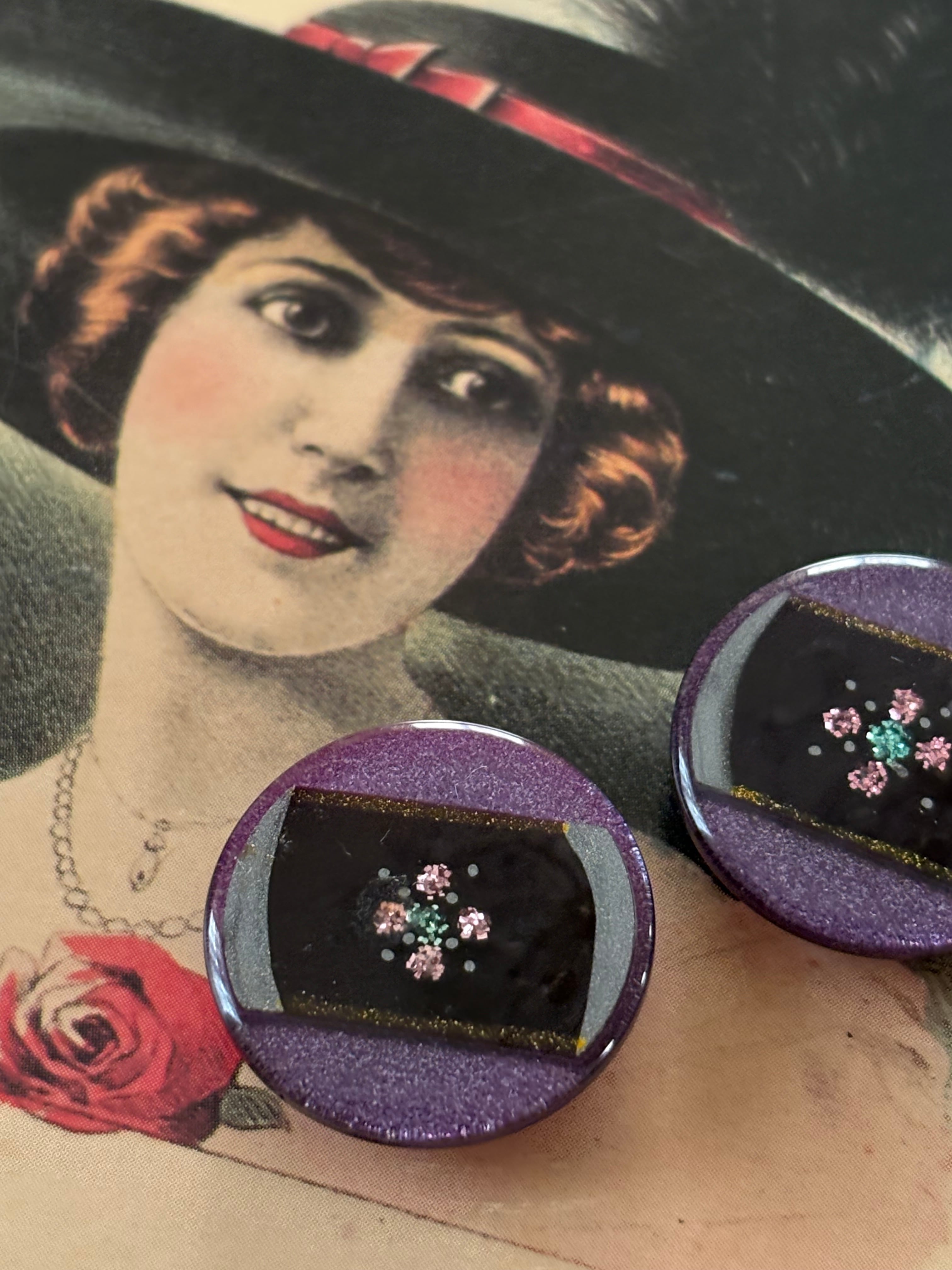 23mm Japanese ヴィンテージボタン パープル系 グリッター ストーン レトロ アクセサリーパーツ 装飾材 カルトナージュ