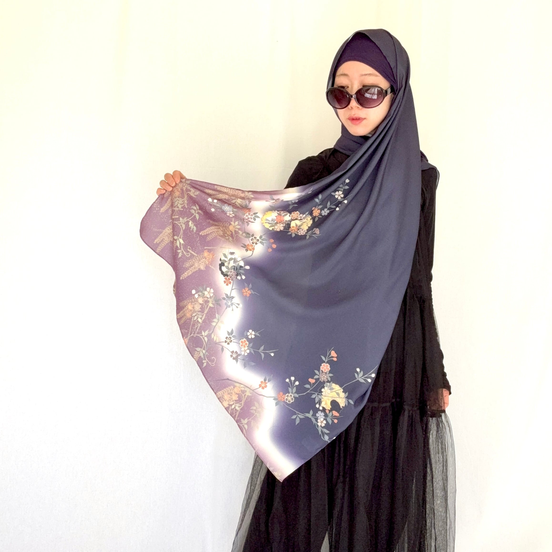 KimonArt Hijab)Sakura and moon pattern,Rectangle 桜と月(ネイビー