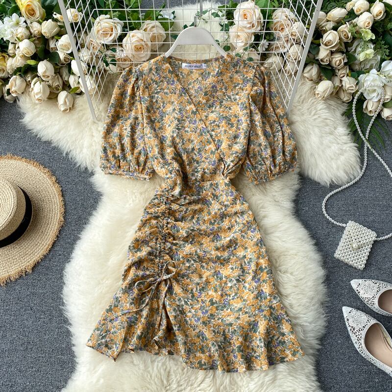 フラワーシフォンパフスリーブドレス 2022年夏の花柄ドレス女性パフスリーブフラワープリントサン