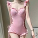 水着 レディース ワンピース フリル 体型カバー サイドレースアップ 小胸 リボン ガーリー 日焼け対策 かわいい プール スイムウェア 夏 無地 シンプル ybh1295