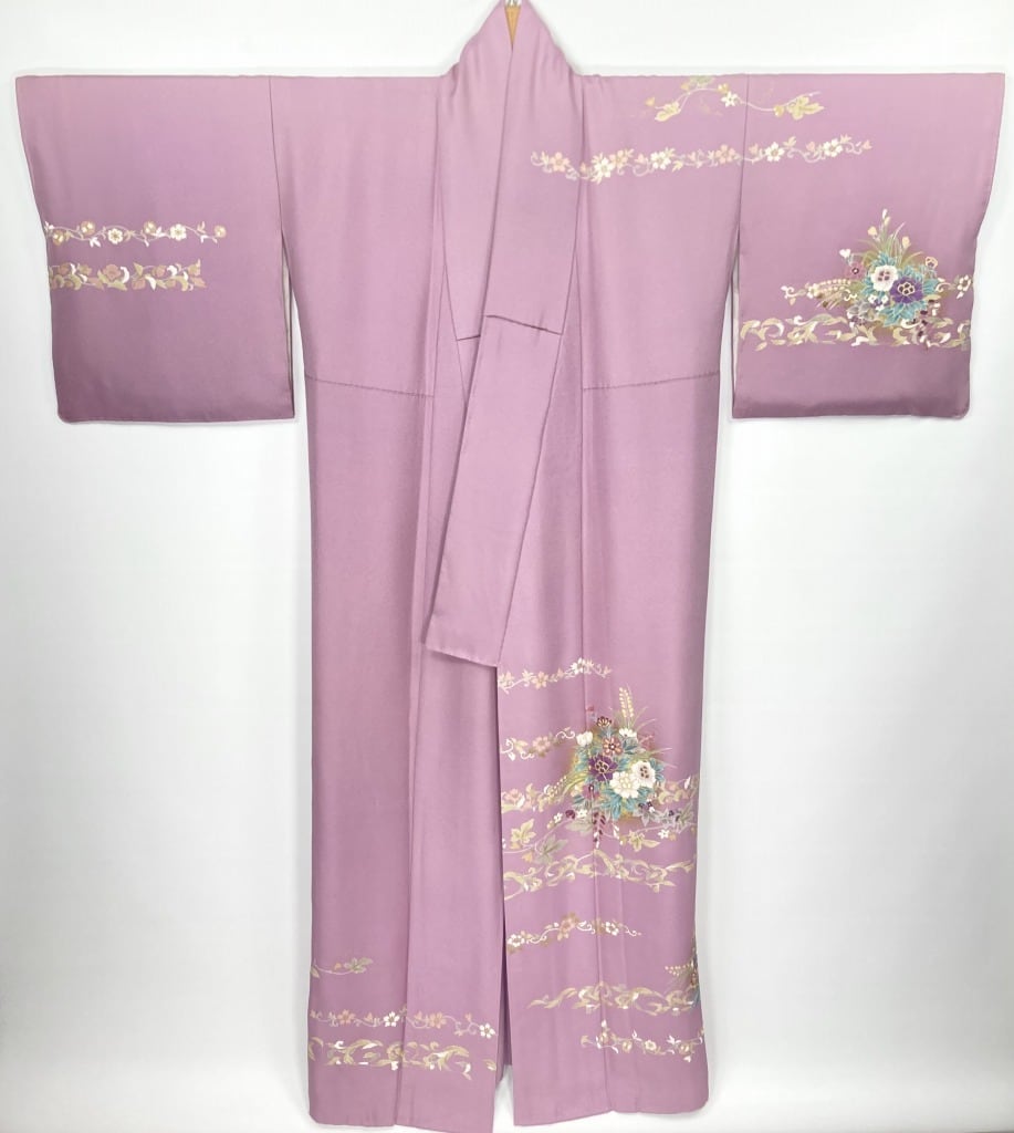 京友禅 金駒刺繍 本金箔 唐花 花柄 訪問着 袷 正絹 紫 藤色 京藤 京友禅 金駒刺繍 本金箔 唐花 花柄 訪問着 袷 正絹 紫 藤色 京藤