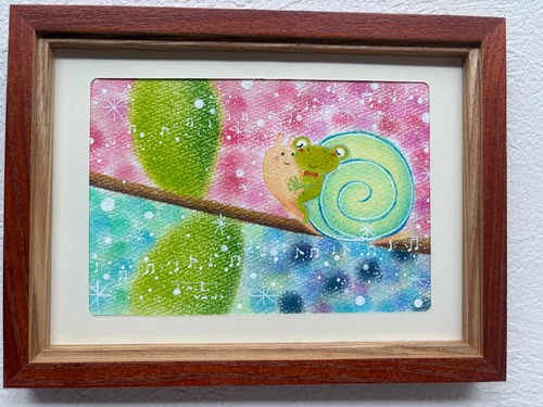 【一点もの原画】タンゴを踊るカエルとカタツムリ　パステル画　優しい絵　楽しい絵　プレゼント　ハガキサイズ
