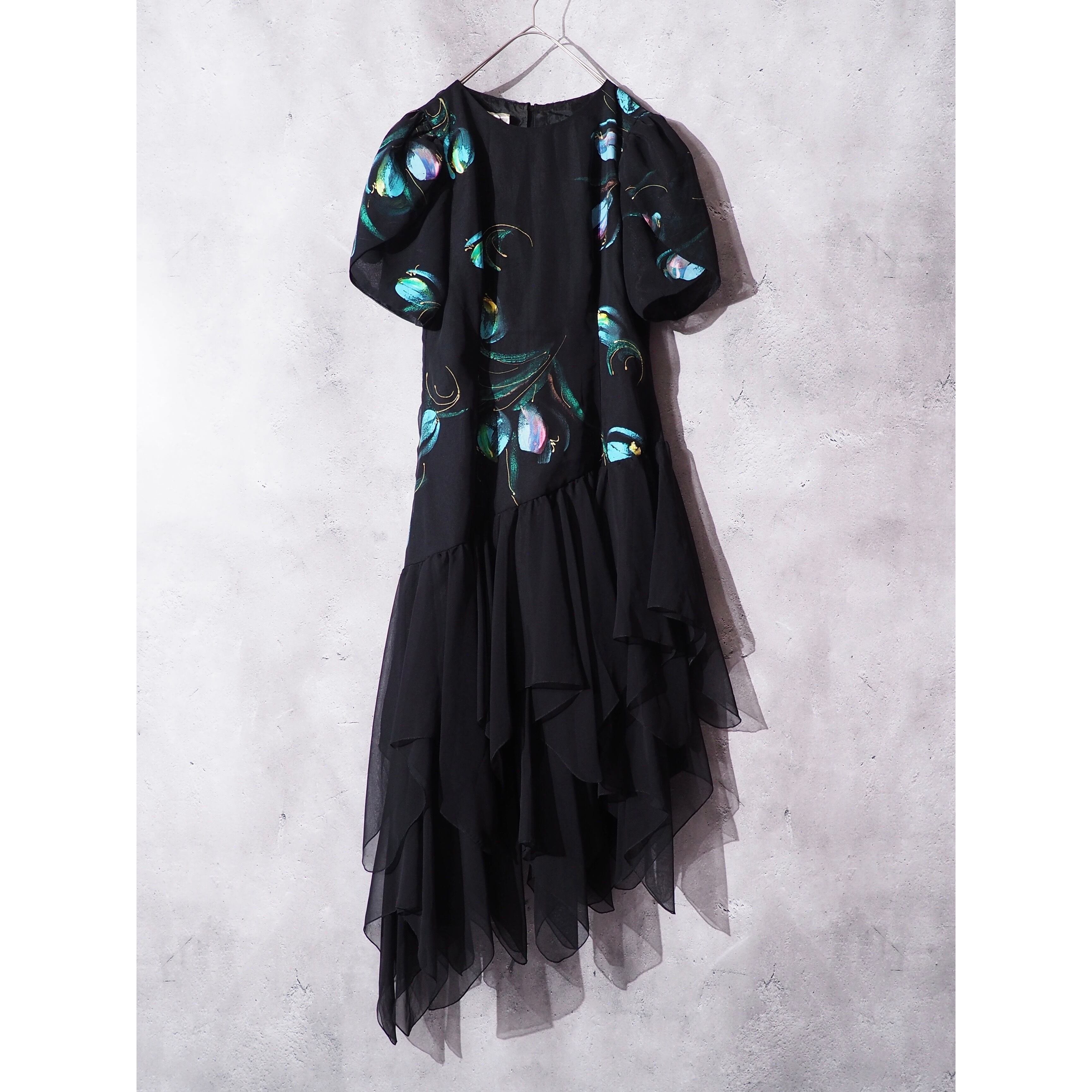cold flower painted × asymmetry frill vintage onepiece dress