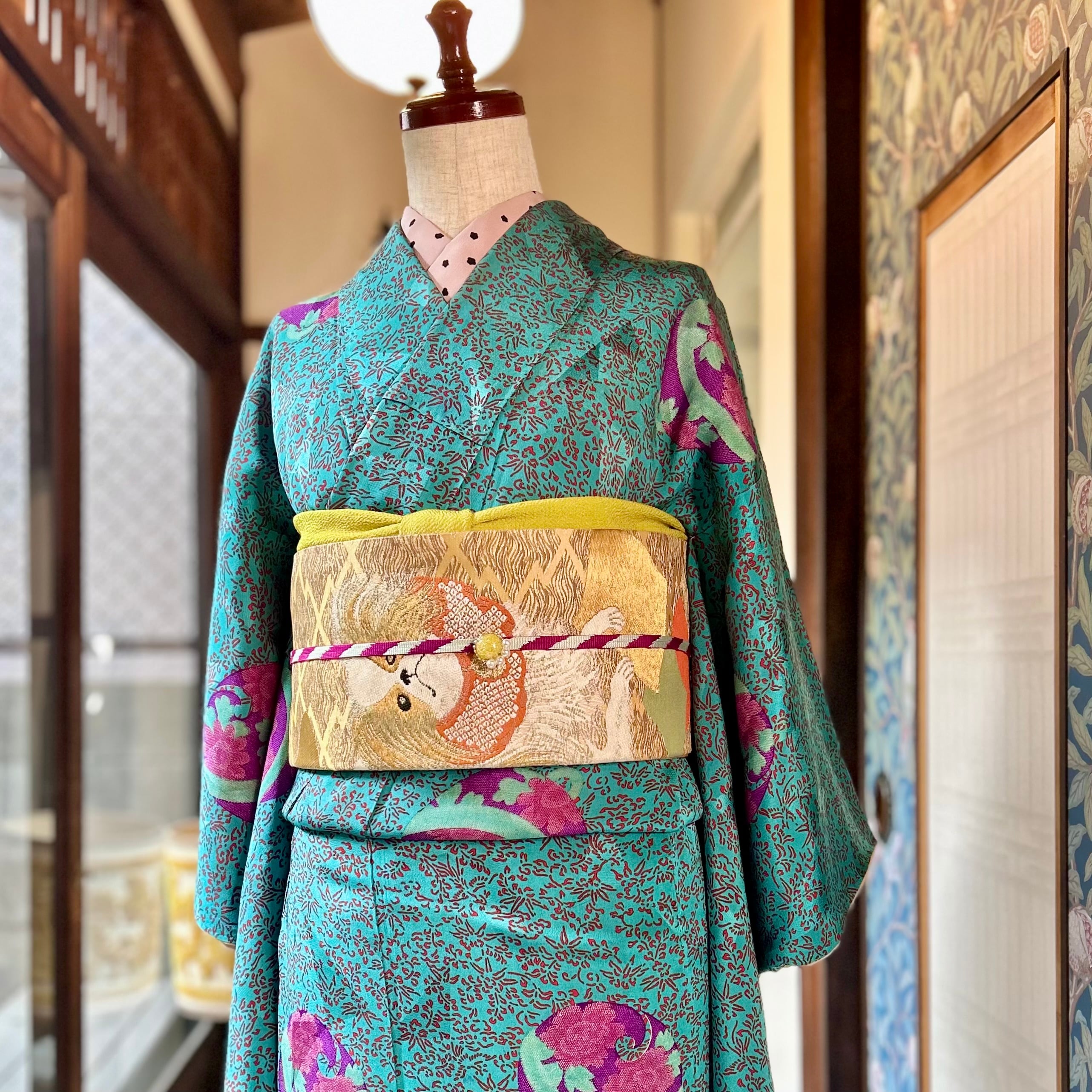 【千寿】ブルートーンの作り帯セット／アンティーク着物大正ロマン昭和レトロ小紋単衣