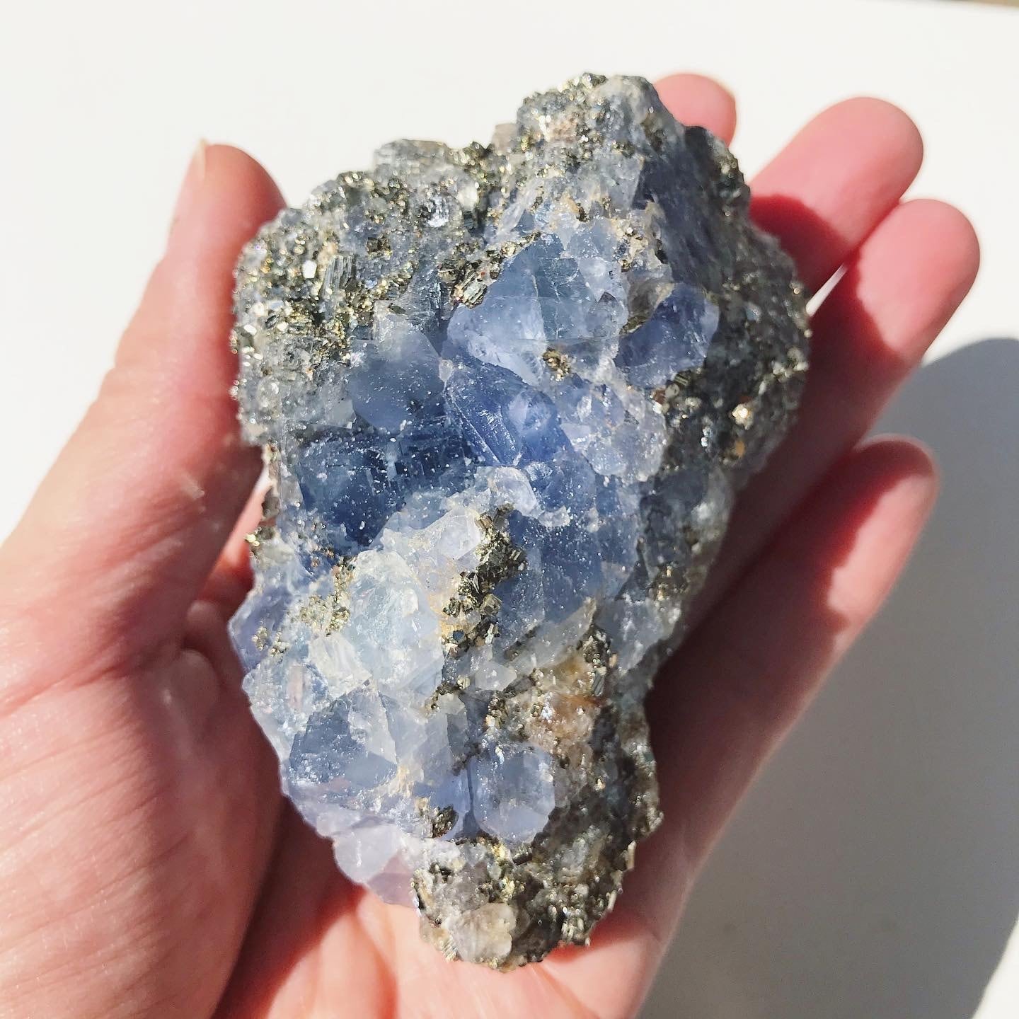 Pyrite on Blue Fluorite 1