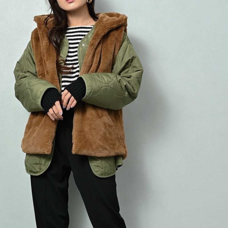 2点SET】ラビット風エコファーフードベスト×キルティング中綿コートSET