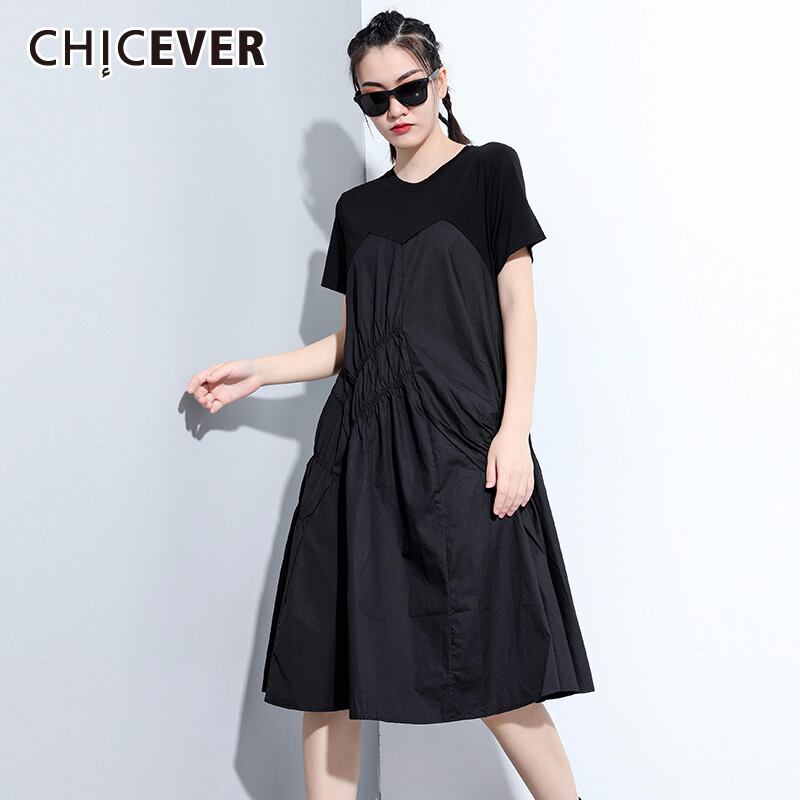CHICEVERパッチワークレディースドレスOネック半袖巾着シャーリング膝丈サマードレス2020 ショート ハーフスリーブ 夏物 6base53760604612