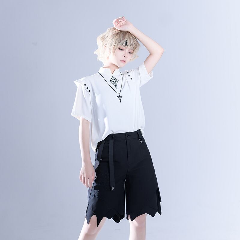 サブカル 服 地雷系 通販 PrincessChronicles ハーフパンツ 刺繍 ギザギザ 闇かわいいバンギャ