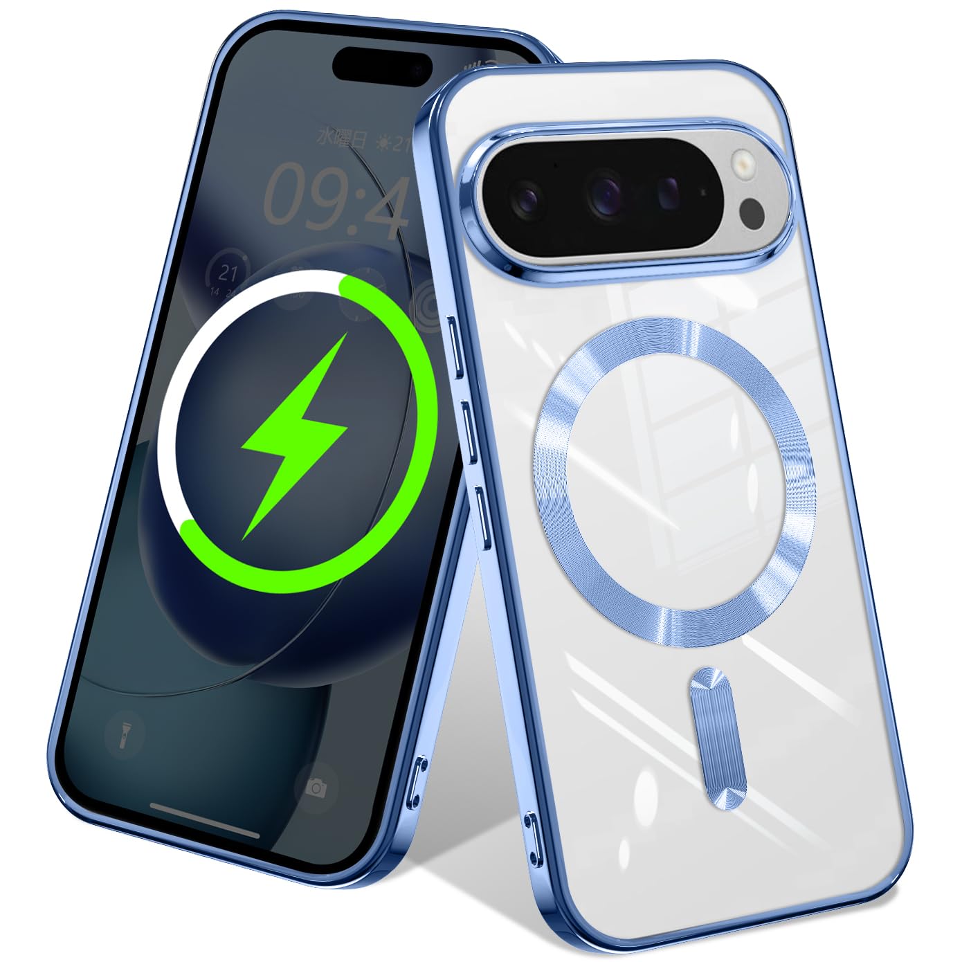 Google Pixel 10 /10 Pro ケース クリア 指紋防止 黄変防止 耐衝撃 電気メッキフレーム ストラップホール付き グーグルピクセル 10 / 10 Pro カバー マグセーフ対応 ワイヤレス充電対応(透明青)