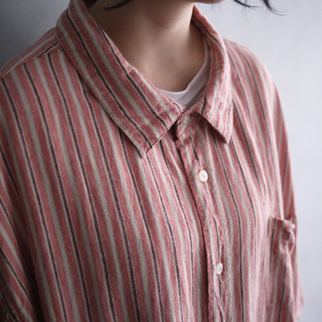"KING SIZE" 4XL super over size salmon pink good stripe h/s shirt