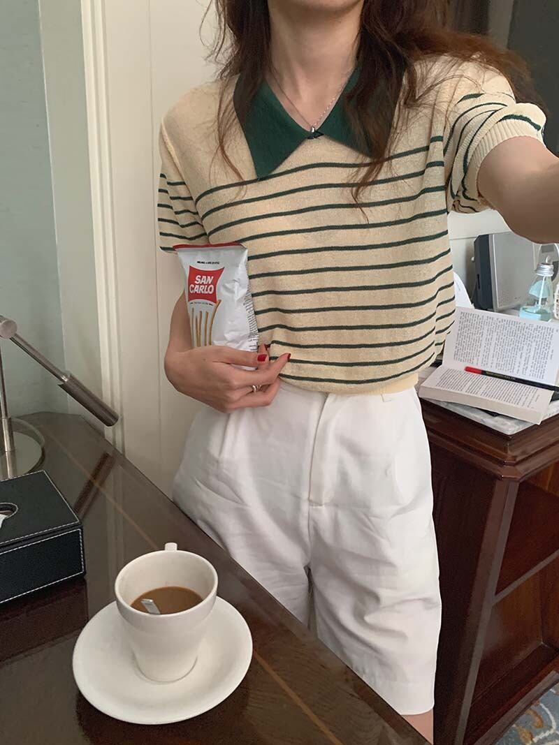 ニットストライプカラーシャツ サマールーズスリム半袖スリーブウェスト ショート ハーフスリーブ 夏物 ビッグFスモールZ韓国44474124573