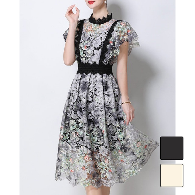 フラワー刺繍レースフレンチスリーブワンピース 2color L2281