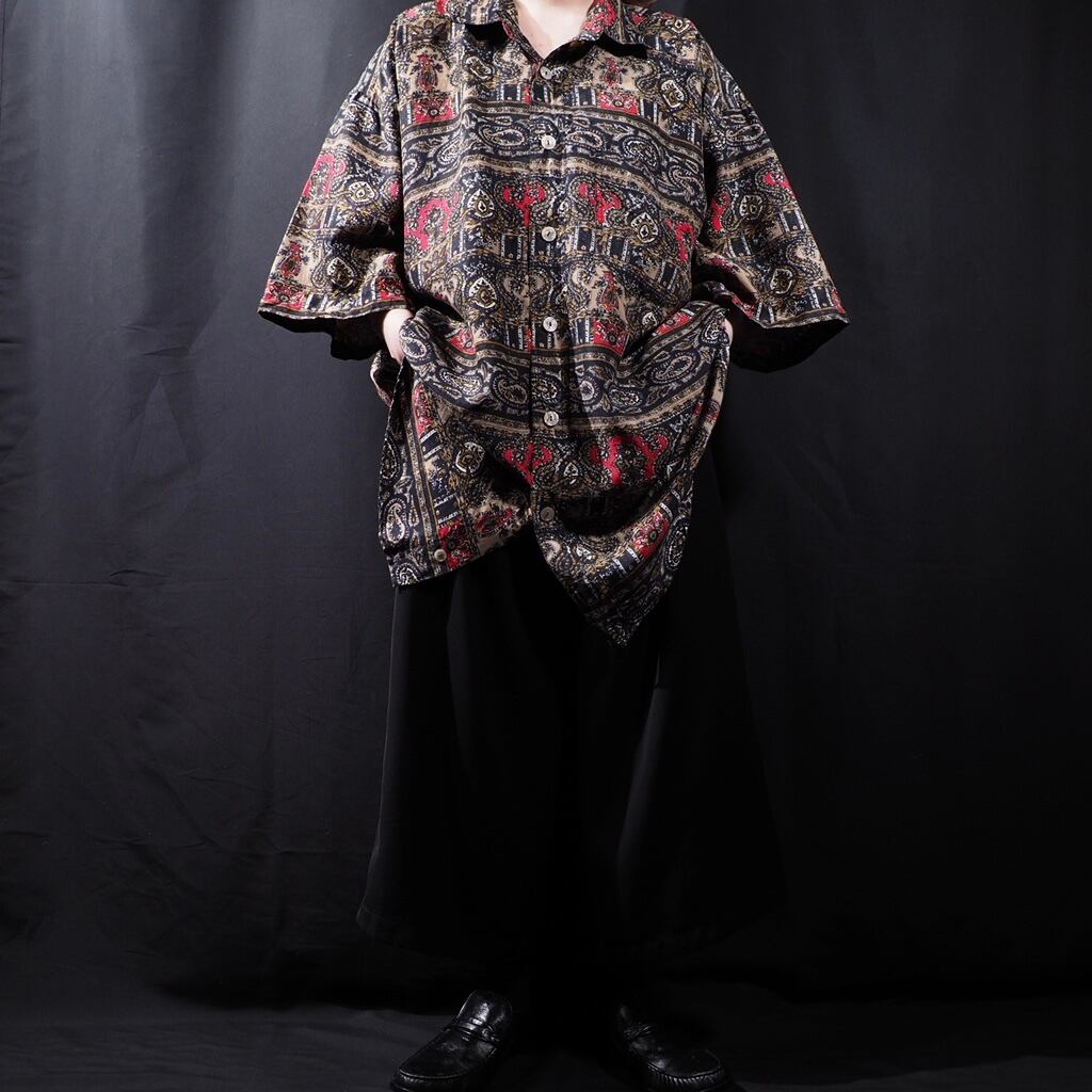 Bewitching Ethnic art full pattern SS Drape silk shirt