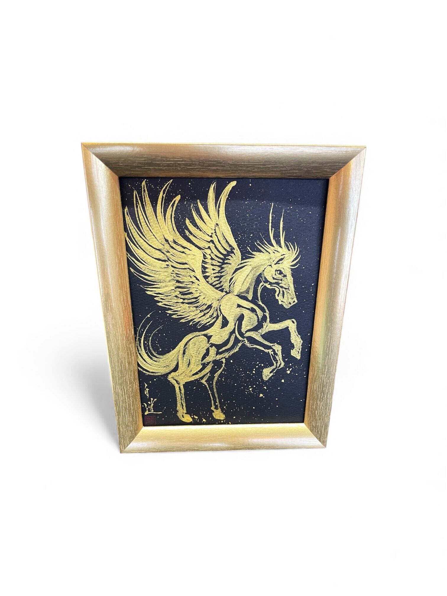 現代水墨画家 絵師白道 「羽馬」（黒金）2L 直筆作品 証明書カード付