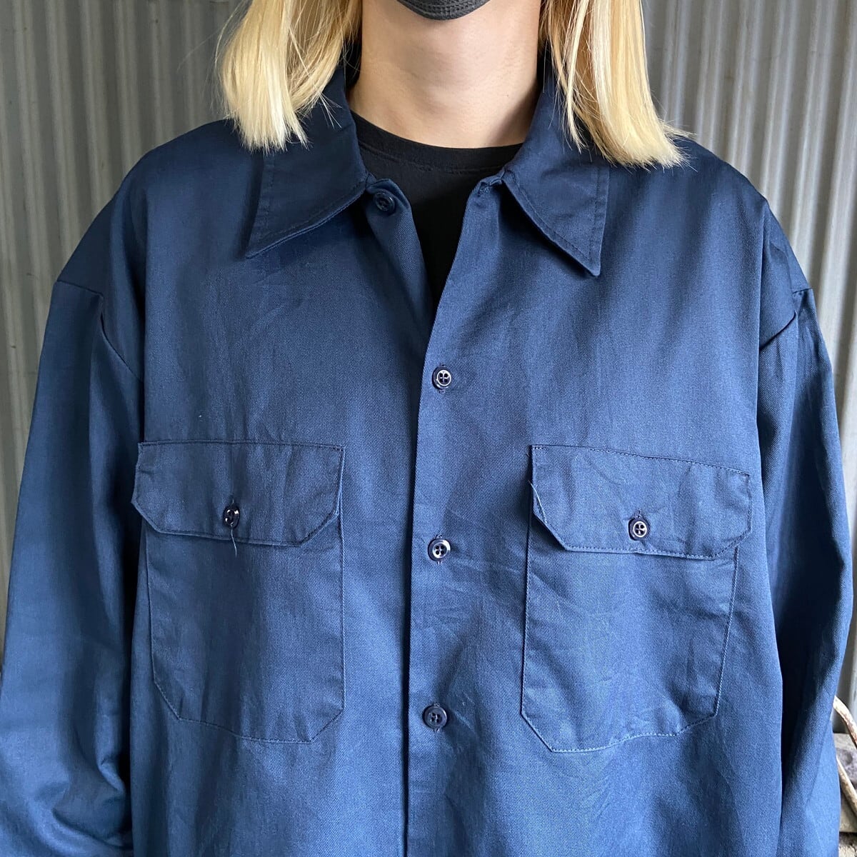 Dickies ディッキーズ 無地 長袖 ワークシャツ メンズXL 古着 ネイビー