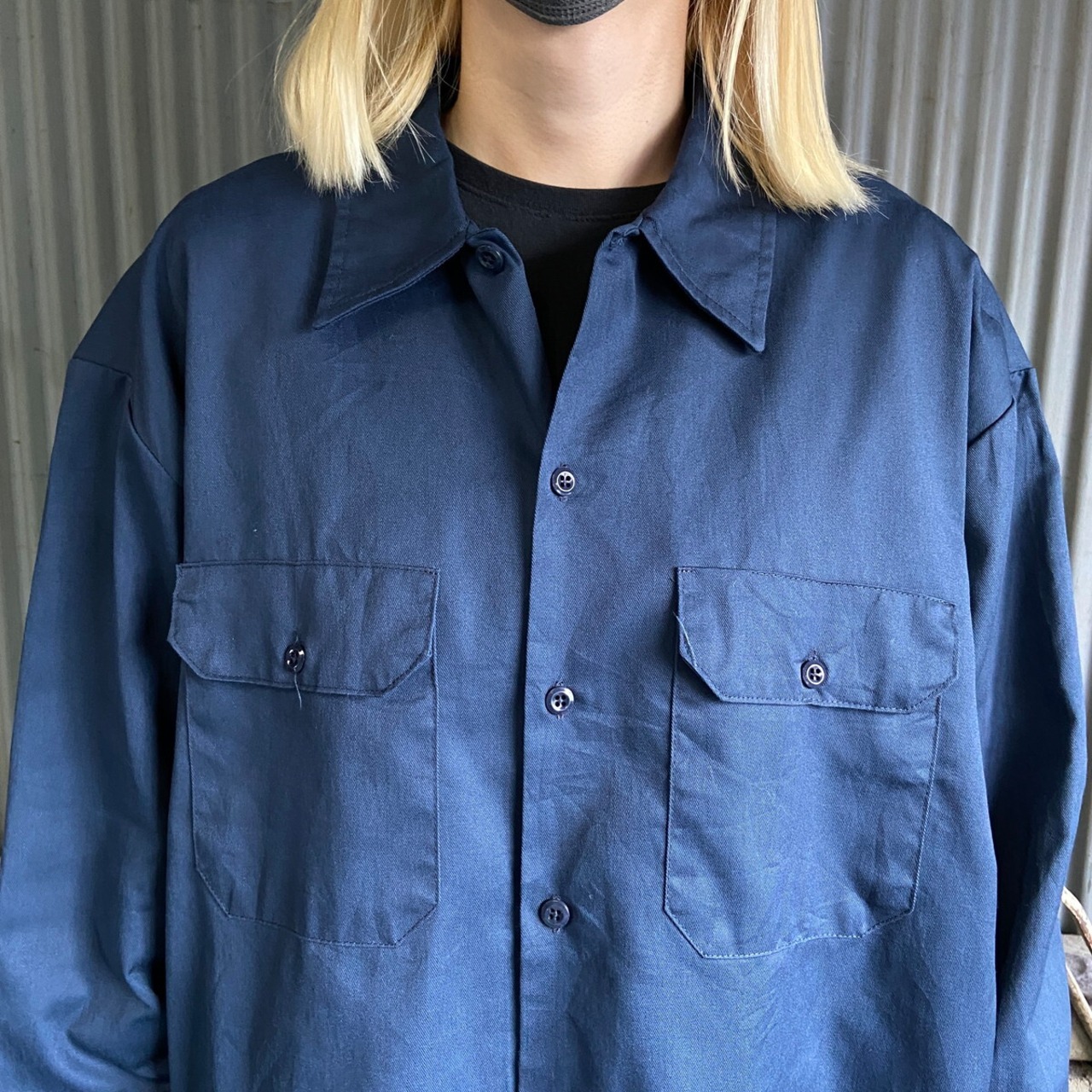 Dickies ディッキーズ 無地 長袖 ワークシャツ メンズXL 古着 ネイビー 