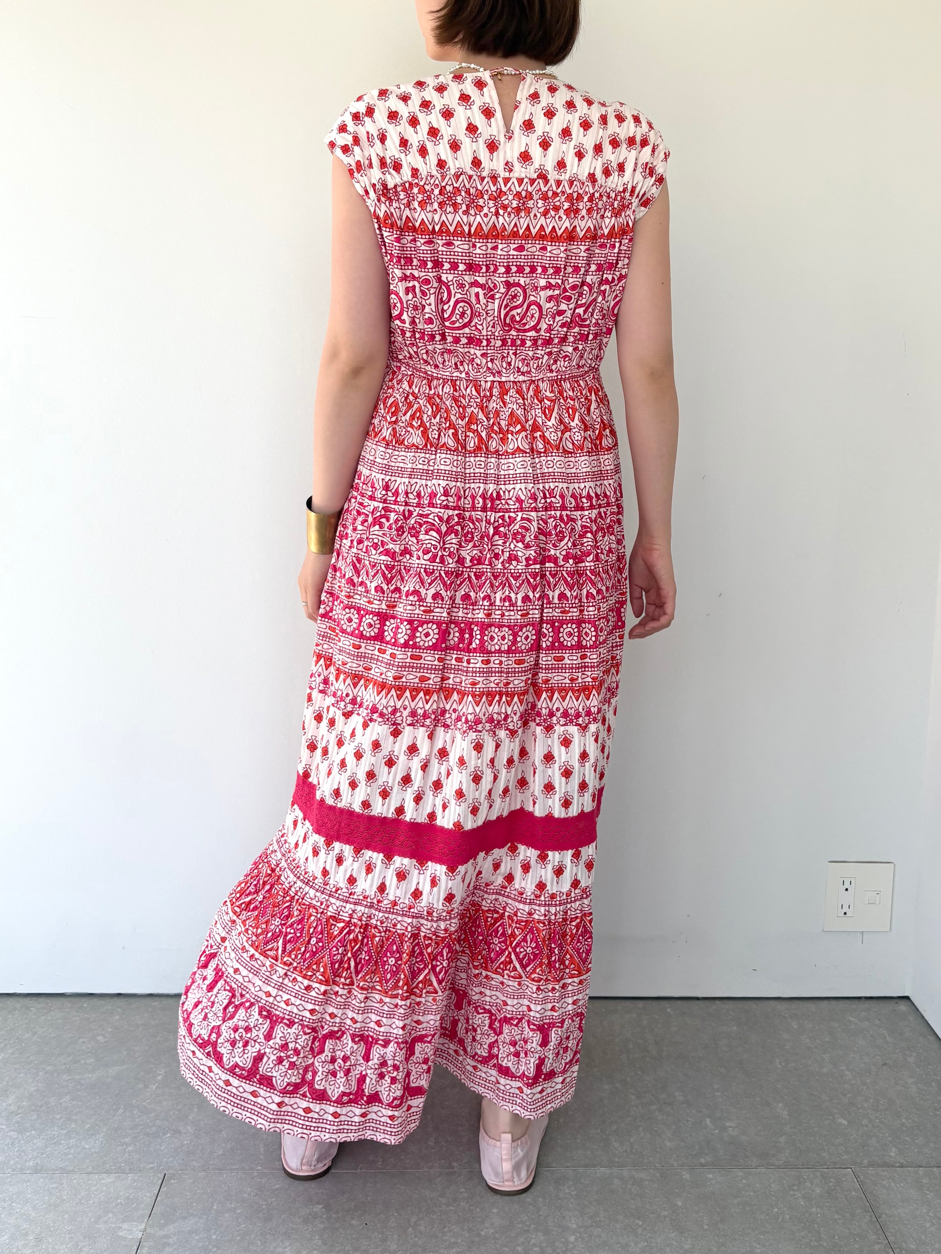 Sara Mallika Cotton Lurex Border Print Sleeveless Dress | KOKO